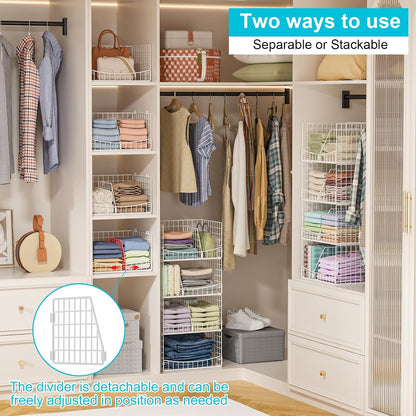4-Tier Closet Organizers and Storage Basket with Divider, Foldable Closet Shelf Organizer System, Space-Saving Clothes Storage Drawer Organizer Bins for Wardrobe Cupboard, White