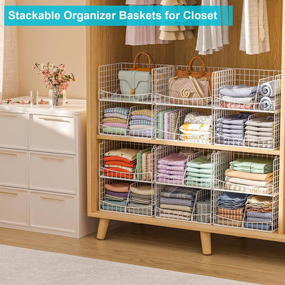 4-Tier Closet Organizers and Storage Basket with Divider, Foldable Closet Shelf Organizer System, Space-Saving Clothes Storage Drawer Organizer Bins for Wardrobe Cupboard, White