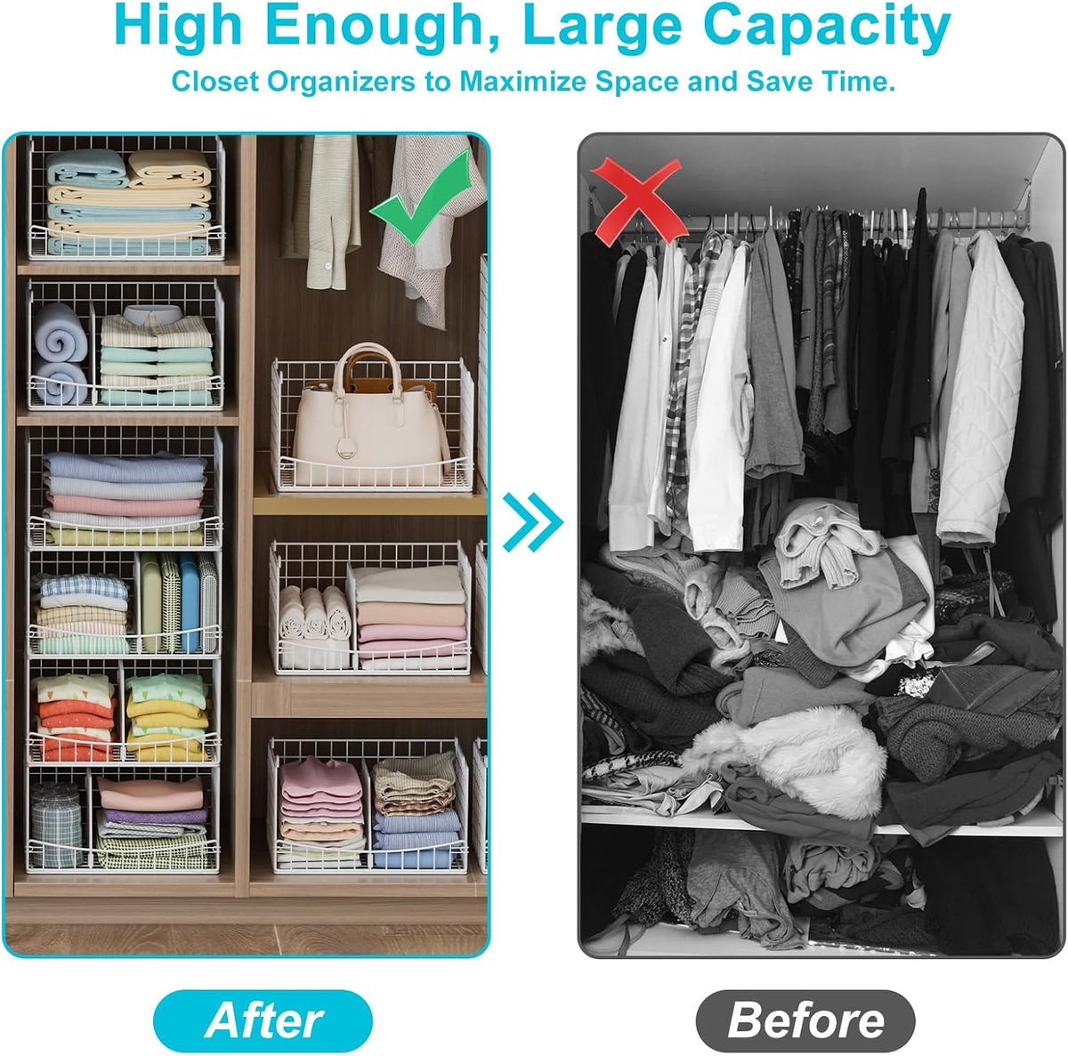 4-Tier Closet Organizers and Storage Basket with Divider, Foldable Closet Shelf Organizer System, Space-Saving Clothes Storage Drawer Organizer Bins for Wardrobe Cupboard, White