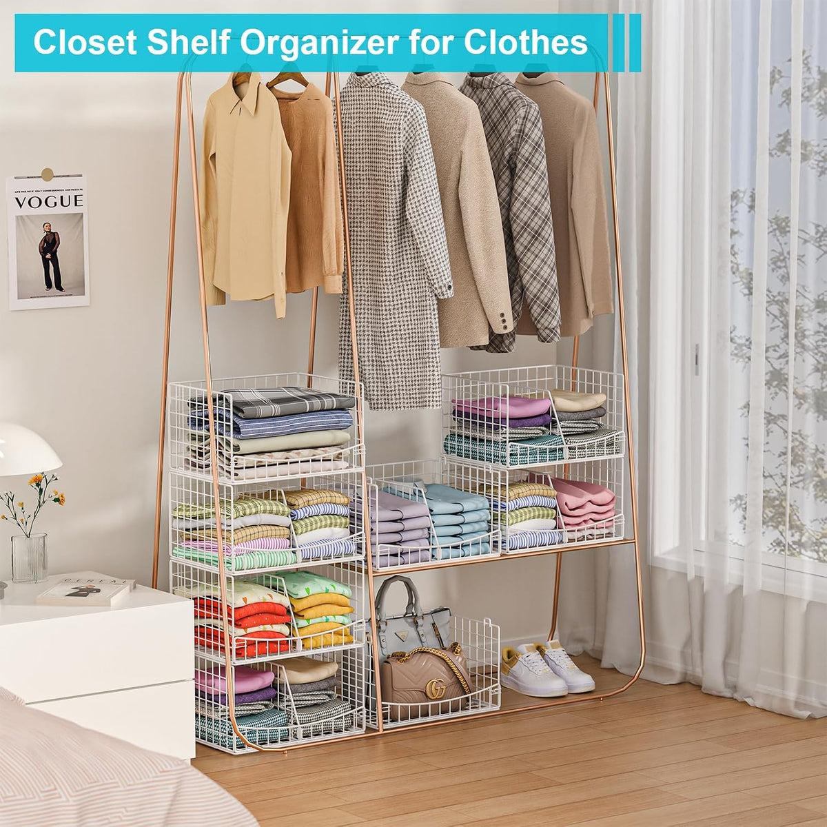 4-Tier Closet Organizers and Storage Basket with Divider, Foldable Closet Shelf Organizer System, Space-Saving Clothes Storage Drawer Organizer Bins for Wardrobe Cupboard, White