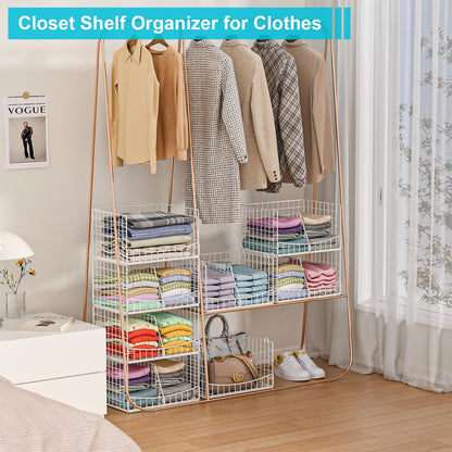 4-Tier Closet Organizers and Storage Basket with Divider, Foldable Closet Shelf Organizer System, Space-Saving Clothes Storage Drawer Organizer Bins for Wardrobe Cupboard, White