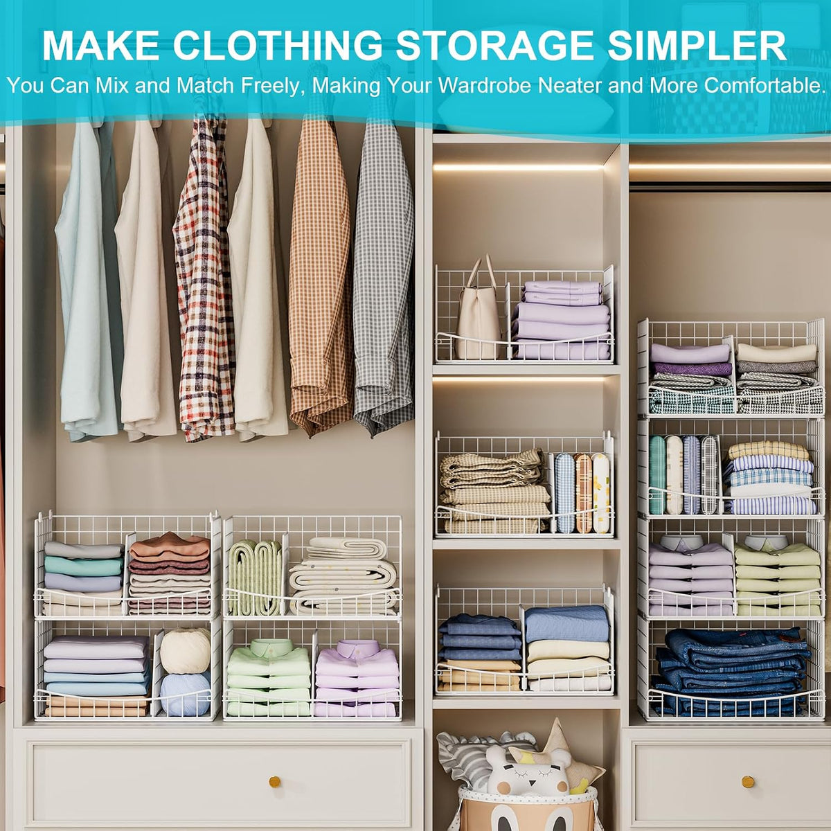 4-Tier Closet Organizers and Storage Basket with Divider, Foldable Closet Shelf Organizer System, Space-Saving Clothes Storage Drawer Organizer Bins for Wardrobe Cupboard, White