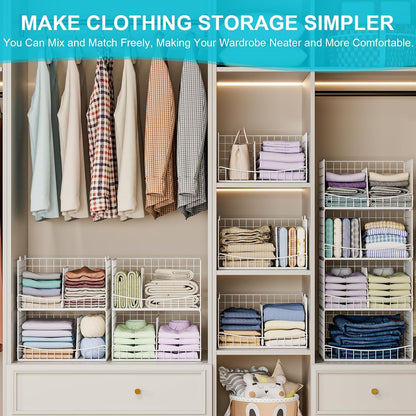 4-Tier Closet Organizers and Storage Basket with Divider, Foldable Closet Shelf Organizer System, Space-Saving Clothes Storage Drawer Organizer Bins for Wardrobe Cupboard, White