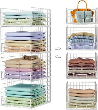 4-Tier Closet Organizers and Storage Basket with Divider, Foldable Closet Shelf Organizer System, Space-Saving Clothes Storage Drawer Organizer Bins for Wardrobe Cupboard, White