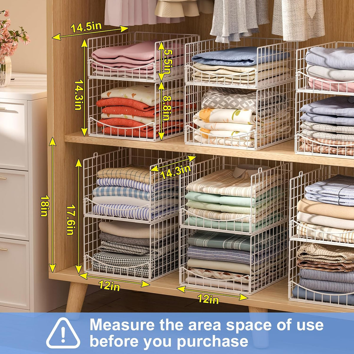 4-Tier Closet Organizers and Storage Basket with Divider, Foldable Closet Shelf Organizer System, Space-Saving Clothes Storage Drawer Organizer Bins for Wardrobe Cupboard, White