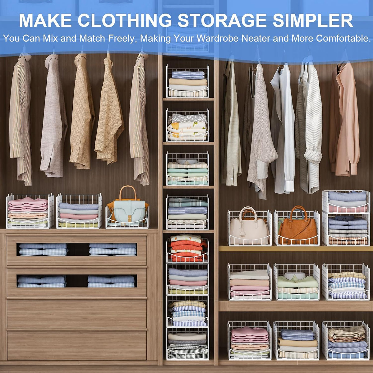 4-Tier Closet Organizers and Storage Basket with Divider, Foldable Closet Shelf Organizer System, Space-Saving Clothes Storage Drawer Organizer Bins for Wardrobe Cupboard, White