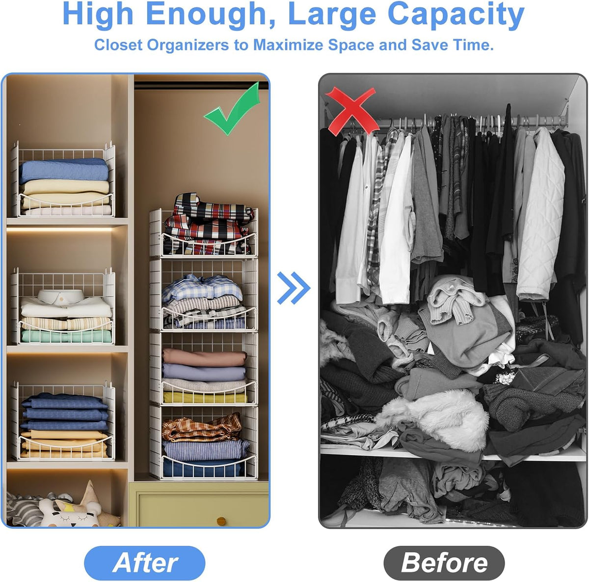 4-Tier Closet Organizers and Storage Basket with Divider, Foldable Closet Shelf Organizer System, Space-Saving Clothes Storage Drawer Organizer Bins for Wardrobe Cupboard, White