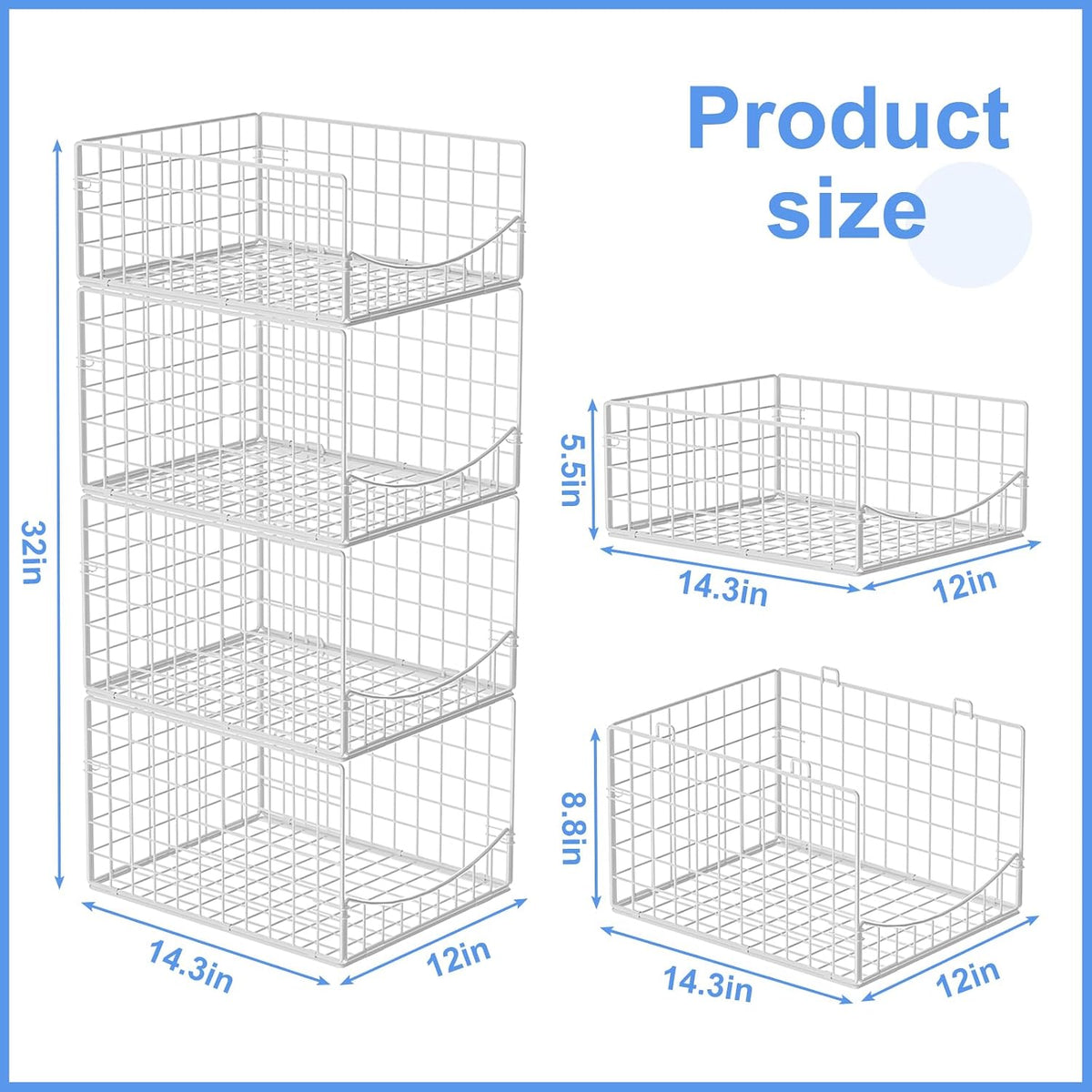 4-Tier Closet Organizers and Storage Basket with Divider, Foldable Closet Shelf Organizer System, Space-Saving Clothes Storage Drawer Organizer Bins for Wardrobe Cupboard, White