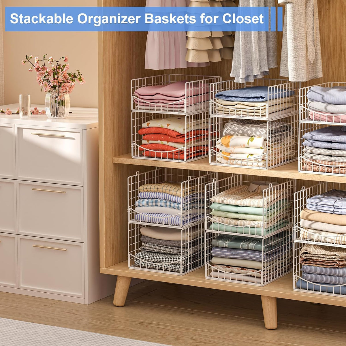 4-Tier Closet Organizers and Storage Basket with Divider, Foldable Closet Shelf Organizer System, Space-Saving Clothes Storage Drawer Organizer Bins for Wardrobe Cupboard, White