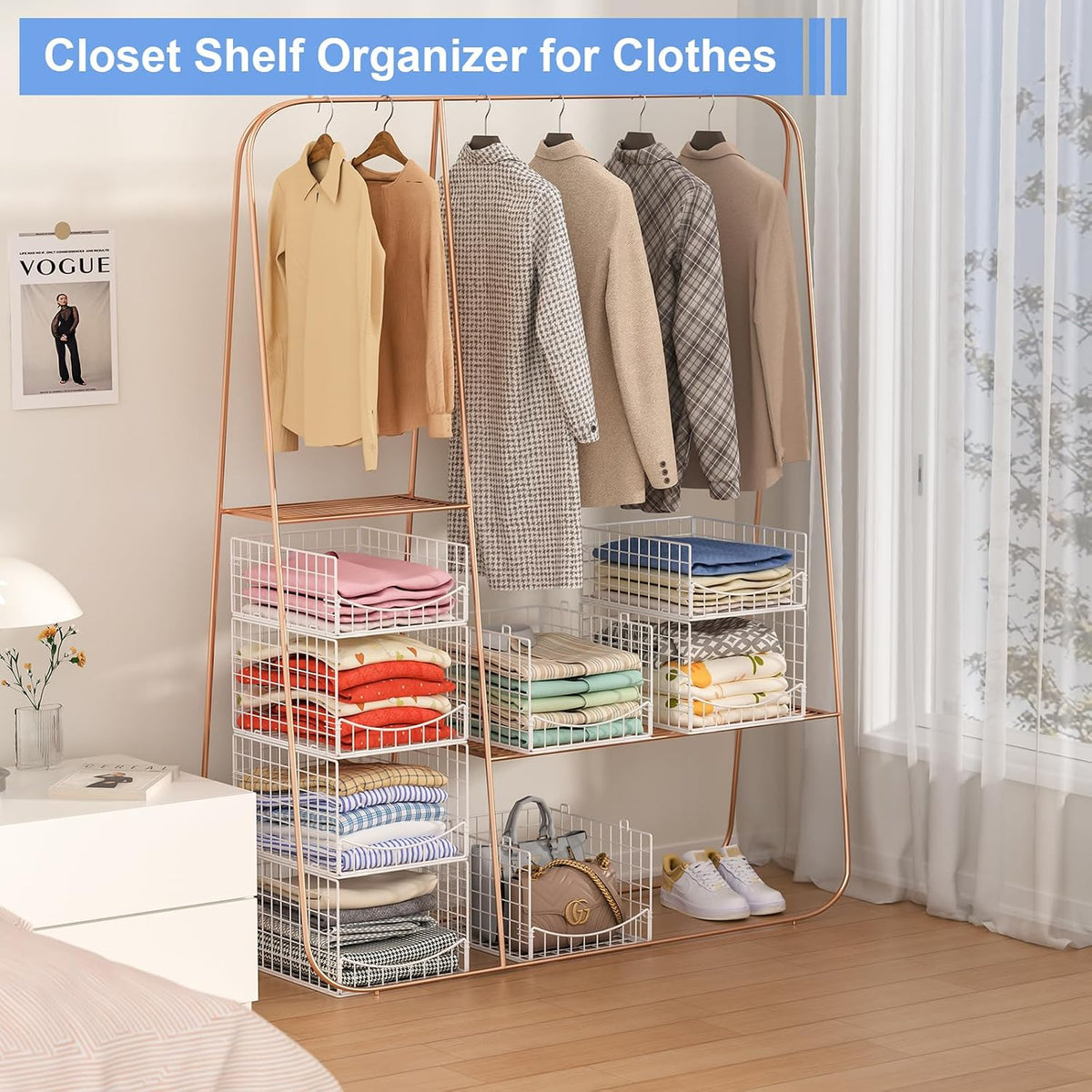 4-Tier Closet Organizers and Storage Basket with Divider, Foldable Closet Shelf Organizer System, Space-Saving Clothes Storage Drawer Organizer Bins for Wardrobe Cupboard, White