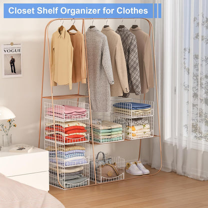 4-Tier Closet Organizers and Storage Basket with Divider, Foldable Closet Shelf Organizer System, Space-Saving Clothes Storage Drawer Organizer Bins for Wardrobe Cupboard, White