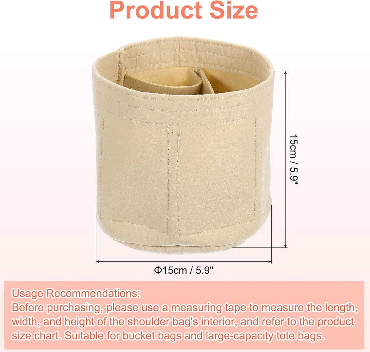 Purse Organizer Insert, Portable Felt Organizer Bags Round Multiple Compartments Purse Liner for Bucket Bag, Domed Satchel, Tote Bag, Handbag Shaper (8" x 4" x 5.5", Khaki)