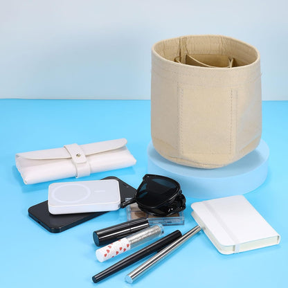 Purse Organizer Insert, Portable Felt Organizer Bags Round Multiple Compartments Purse Liner for Bucket Bag, Domed Satchel, Tote Bag, Handbag Shaper (8" x 4" x 5.5", Khaki)
