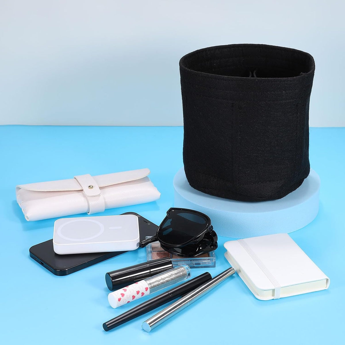 Purse Organizer Insert, Portable Felt Organizer Bags Round Multiple Compartments Purse Liner for Bucket Bag, Domed Satchel, Tote Bag, Handbag Shaper (8" x 4" x 5.5", Khaki)