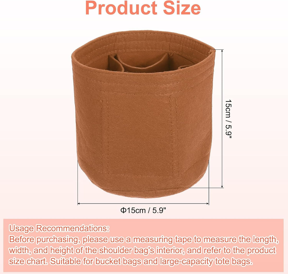 Purse Organizer Insert, Portable Felt Organizer Bags Round Multiple Compartments Purse Liner for Bucket Bag, Domed Satchel, Tote Bag, Handbag Shaper (8" x 4" x 5.5", Khaki)