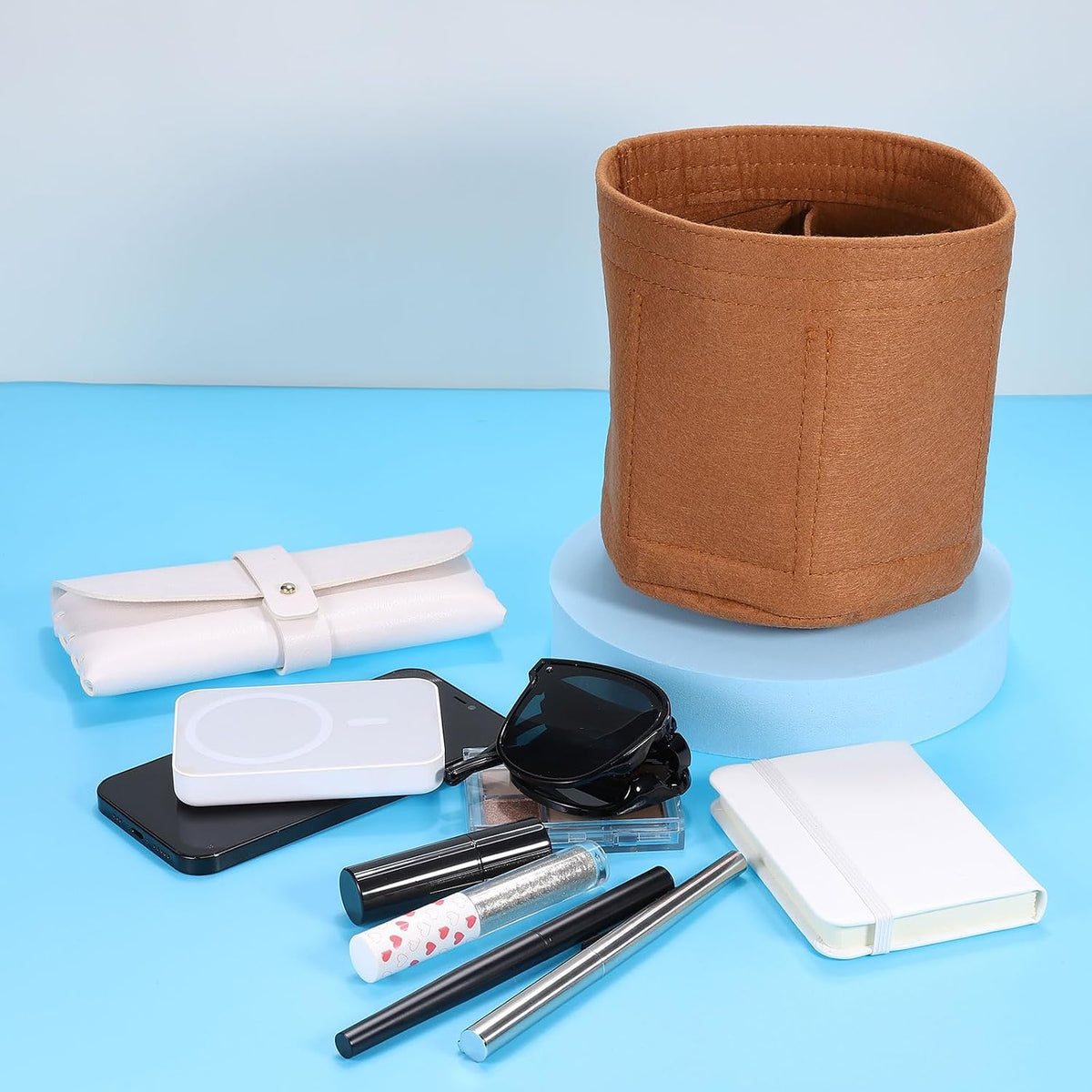 Purse Organizer Insert, Portable Felt Organizer Bags Round Multiple Compartments Purse Liner for Bucket Bag, Domed Satchel, Tote Bag, Handbag Shaper (8" x 4" x 5.5", Khaki)
