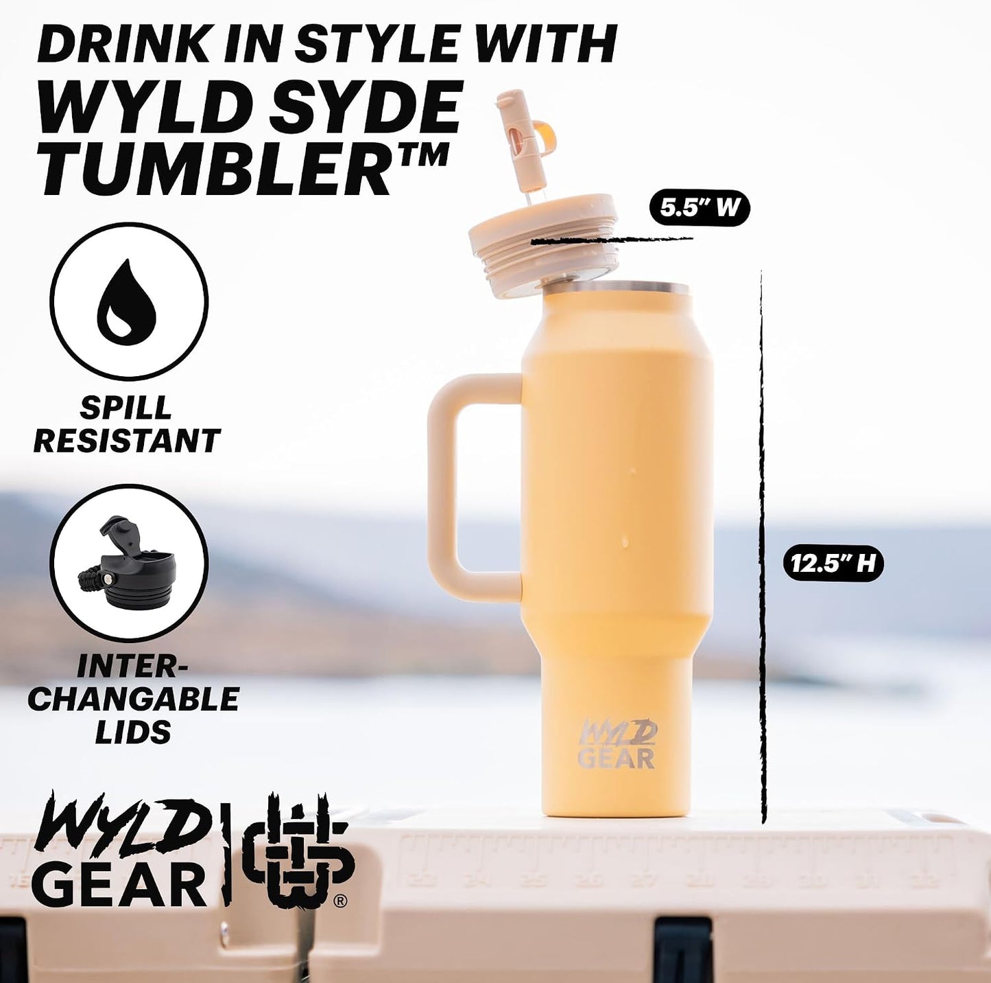 Wyld Gear Insulated Stainless Steel Water Tumbler Travel Cup with Handle Straw Lid Double Wall Thermal Cup Keeps Drinks Cold or Hot for Hours Durable Lightweight Everyday Use - 40 Oz Citrus