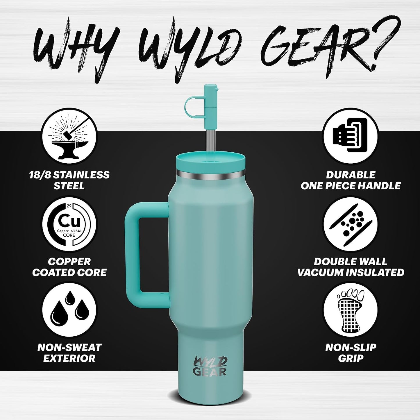 Wyld Gear Insulated Stainless Steel Water Tumbler Travel Cup with Handle Straw Lid Double Wall Thermal Cup Keeps Drinks Cold or Hot for Hours Durable Lightweight Everyday Use - 40 Oz Citrus