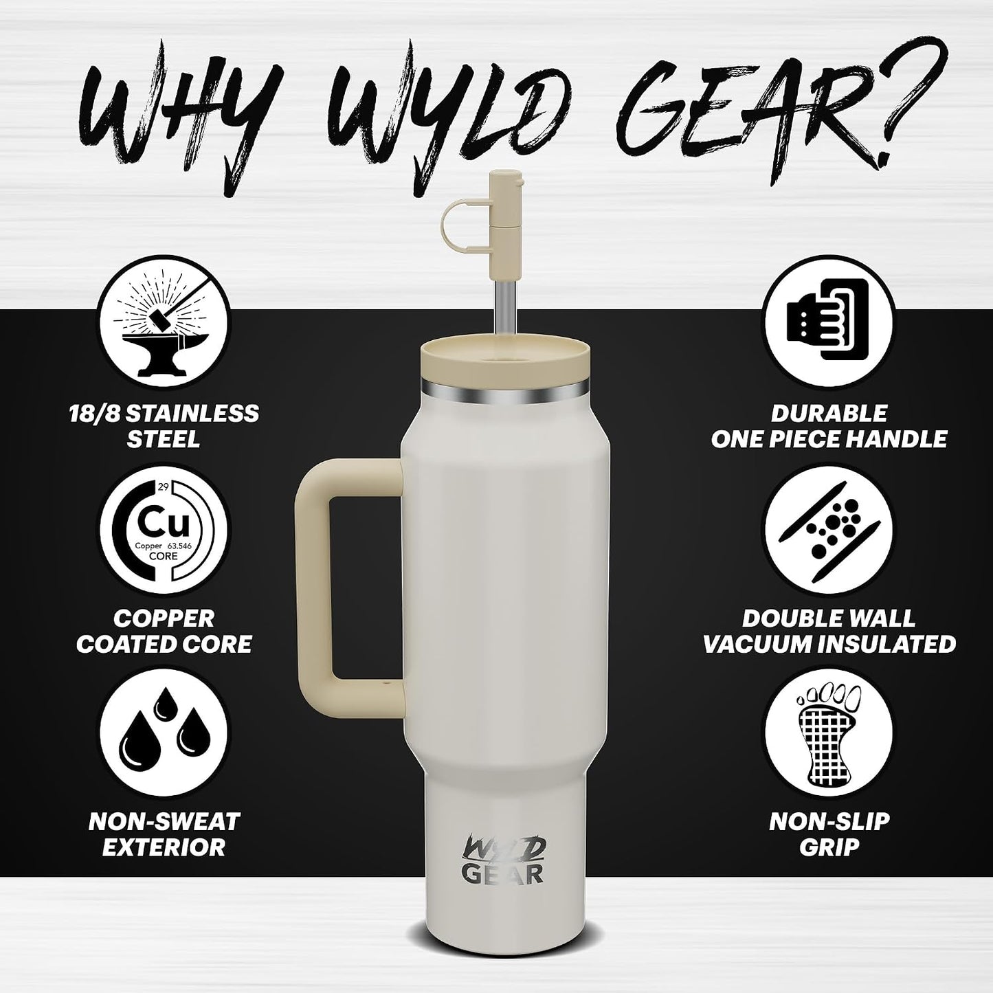 Wyld Gear Insulated Stainless Steel Water Tumbler Travel Cup with Handle Straw Lid Double Wall Thermal Cup Keeps Drinks Cold or Hot for Hours Durable Lightweight Everyday Use - 40 Oz Citrus