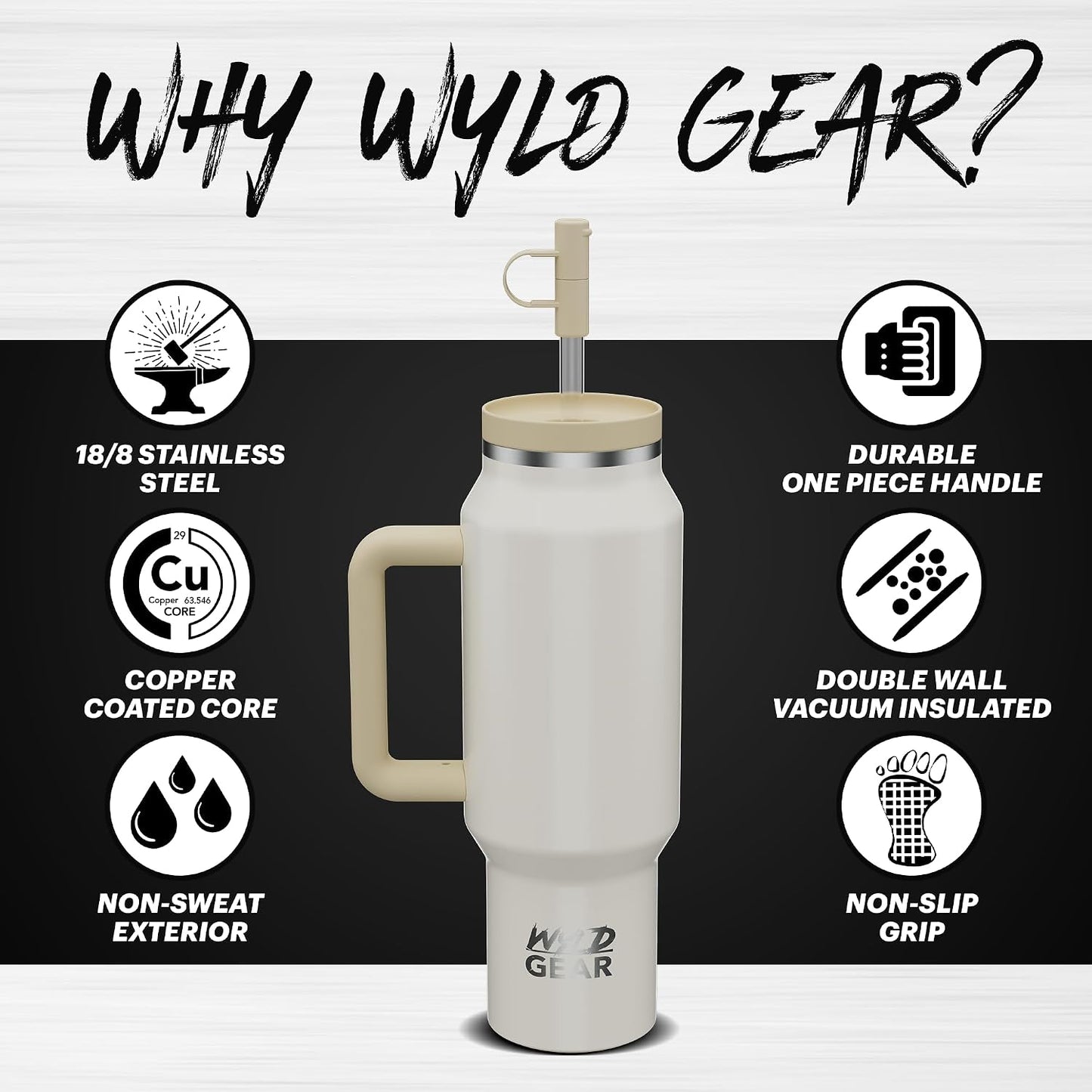 Wyld Gear Insulated Stainless Steel Water Tumbler Travel Cup with Handle Straw Lid Double Wall Thermal Cup Keeps Drinks Cold or Hot for Hours Durable Lightweight Everyday Use - 40 Oz Citrus