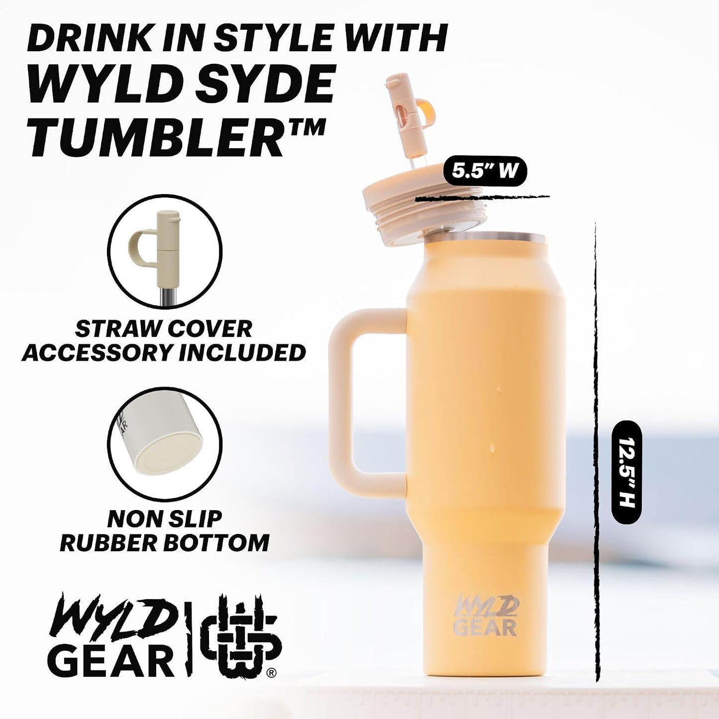 Wyld Gear Insulated Stainless Steel Water Tumbler Travel Cup with Handle Straw Lid Double Wall Thermal Cup Keeps Drinks Cold or Hot for Hours Durable Lightweight Everyday Use - 40 Oz Citrus