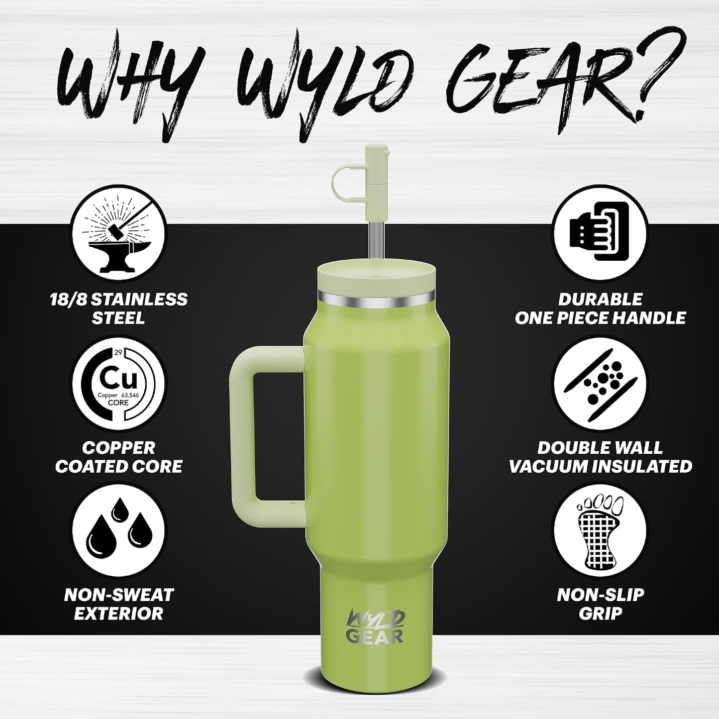 Wyld Gear Insulated Stainless Steel Water Tumbler Travel Cup with Handle Straw Lid Double Wall Thermal Cup Keeps Drinks Cold or Hot for Hours Durable Lightweight Everyday Use - 40 Oz Citrus