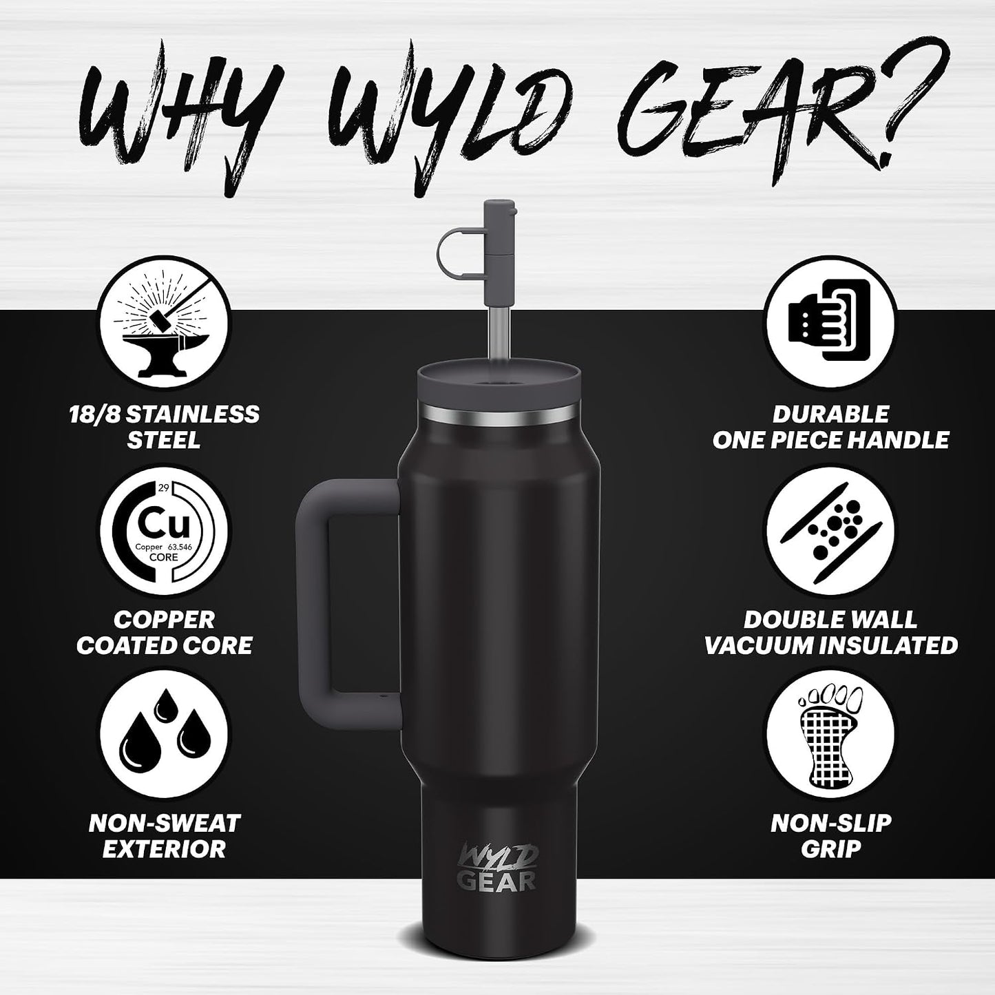 Wyld Gear Insulated Stainless Steel Water Tumbler Travel Cup with Handle Straw Lid Double Wall Thermal Cup Keeps Drinks Cold or Hot for Hours Durable Lightweight Everyday Use - 40 Oz Citrus
