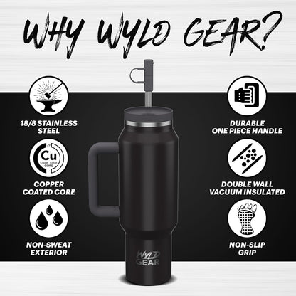Wyld Gear Insulated Stainless Steel Water Tumbler Travel Cup with Handle Straw Lid Double Wall Thermal Cup Keeps Drinks Cold or Hot for Hours Durable Lightweight Everyday Use - 40 Oz Citrus