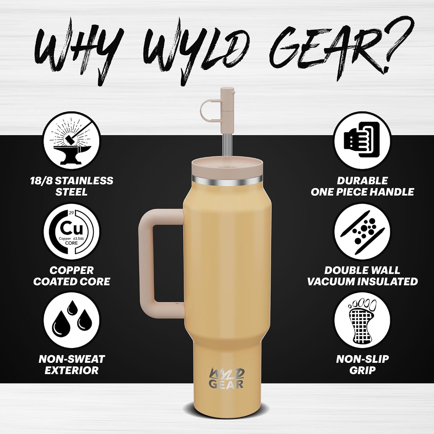 Wyld Gear Insulated Stainless Steel Water Tumbler Travel Cup with Handle Straw Lid Double Wall Thermal Cup Keeps Drinks Cold or Hot for Hours Durable Lightweight Everyday Use - 40 Oz Citrus