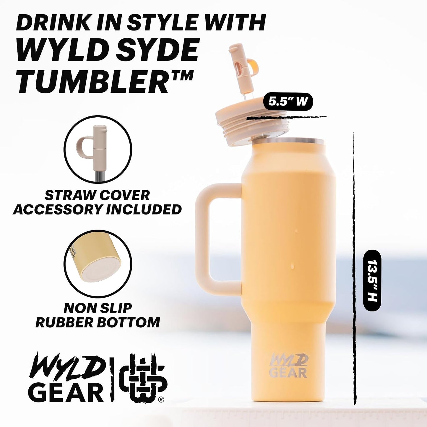 Wyld Gear Insulated Stainless Steel Water Tumbler Travel Cup with Handle Straw Lid Double Wall Thermal Cup Keeps Drinks Cold or Hot for Hours Durable Lightweight Everyday Use - 40 Oz Citrus