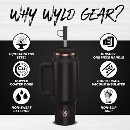 Wyld Gear Insulated Stainless Steel Water Tumbler Travel Cup with Handle Straw Lid Double Wall Thermal Cup Keeps Drinks Cold or Hot for Hours Durable Lightweight Everyday Use - 40 Oz Citrus