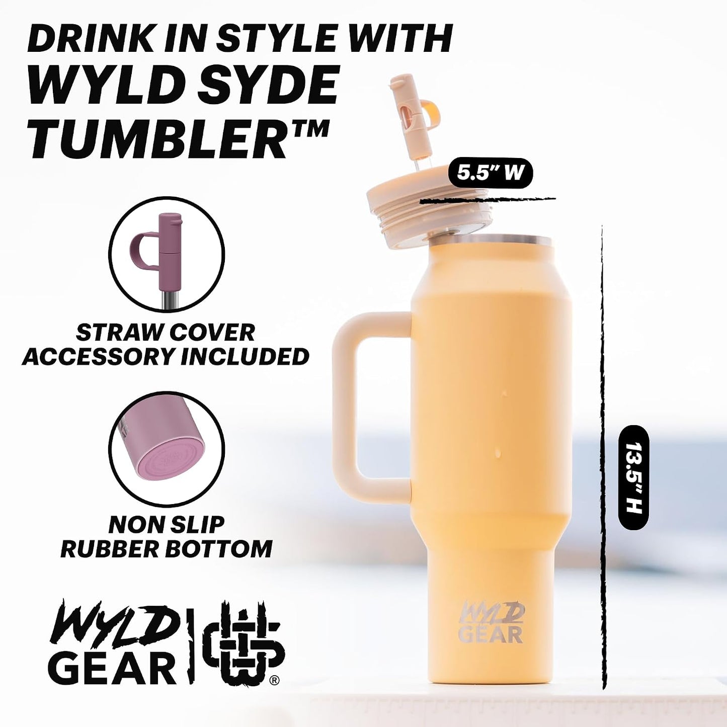 Wyld Gear Insulated Stainless Steel Water Tumbler Travel Cup with Handle Straw Lid Double Wall Thermal Cup Keeps Drinks Cold or Hot for Hours Durable Lightweight Everyday Use - 40 Oz Citrus