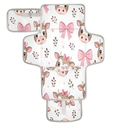 Pink Calf Portable Diaper Changing Pad, Waterproof Baby Changing Mat with Storage Pocket & Built-in Pillow, Foldable Travel Pad, Newborn Gift Set for Boy Girl