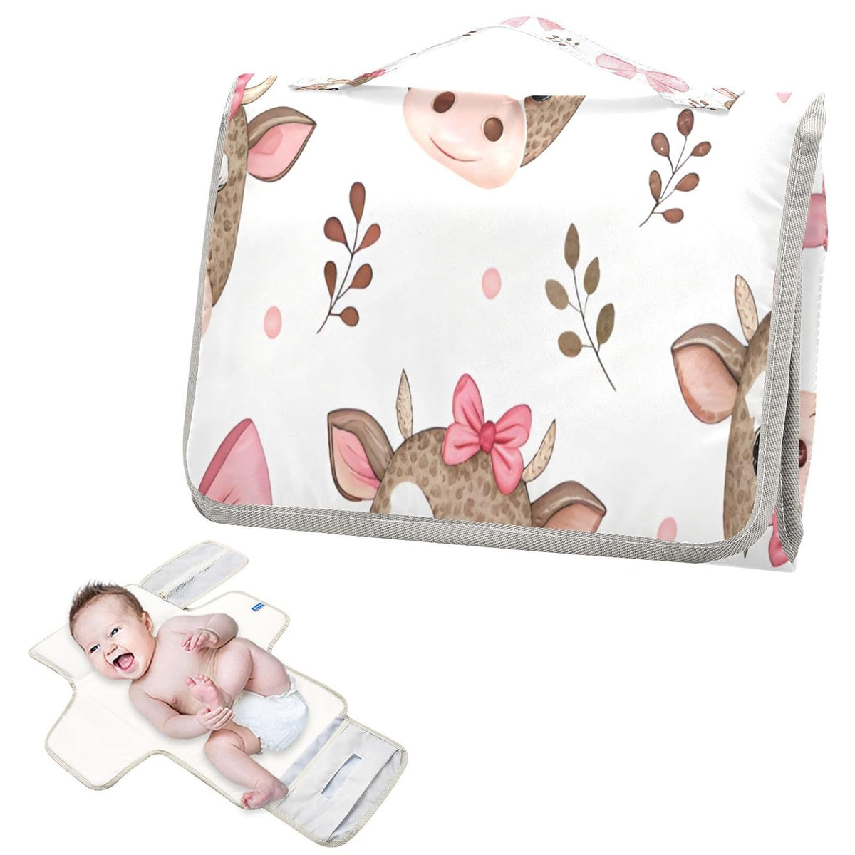 Pink Calf Portable Diaper Changing Pad, Waterproof Baby Changing Mat with Storage Pocket & Built-in Pillow, Foldable Travel Pad, Newborn Gift Set for Boy Girl