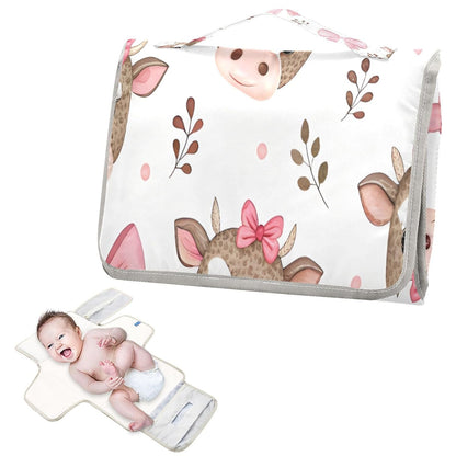 Pink Calf Portable Diaper Changing Pad, Waterproof Baby Changing Mat with Storage Pocket & Built-in Pillow, Foldable Travel Pad, Newborn Gift Set for Boy Girl