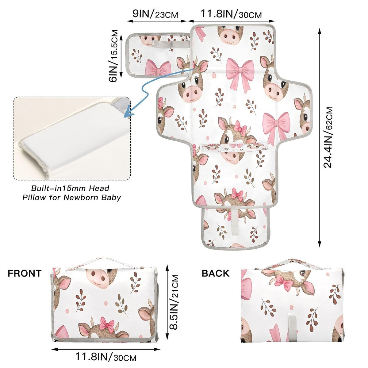 Pink Calf Portable Diaper Changing Pad, Waterproof Baby Changing Mat with Storage Pocket & Built-in Pillow, Foldable Travel Pad, Newborn Gift Set for Boy Girl