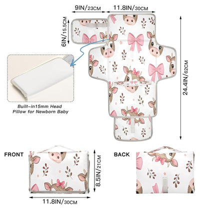 Pink Calf Portable Diaper Changing Pad, Waterproof Baby Changing Mat with Storage Pocket & Built-in Pillow, Foldable Travel Pad, Newborn Gift Set for Boy Girl