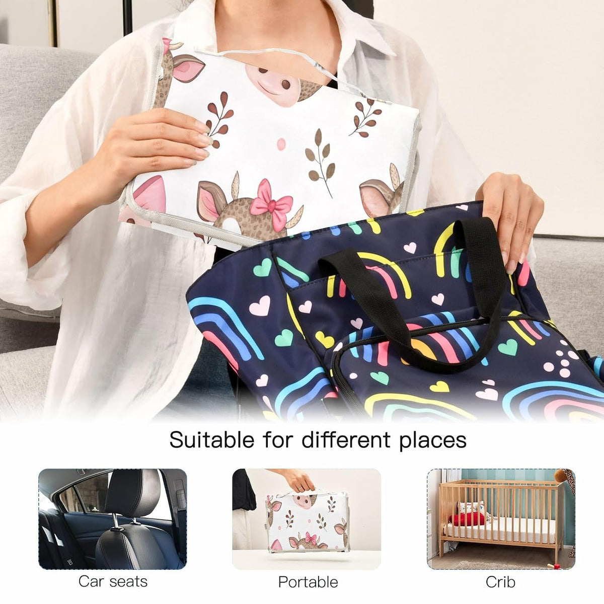 Pink Calf Portable Diaper Changing Pad, Waterproof Baby Changing Mat with Storage Pocket & Built-in Pillow, Foldable Travel Pad, Newborn Gift Set for Boy Girl