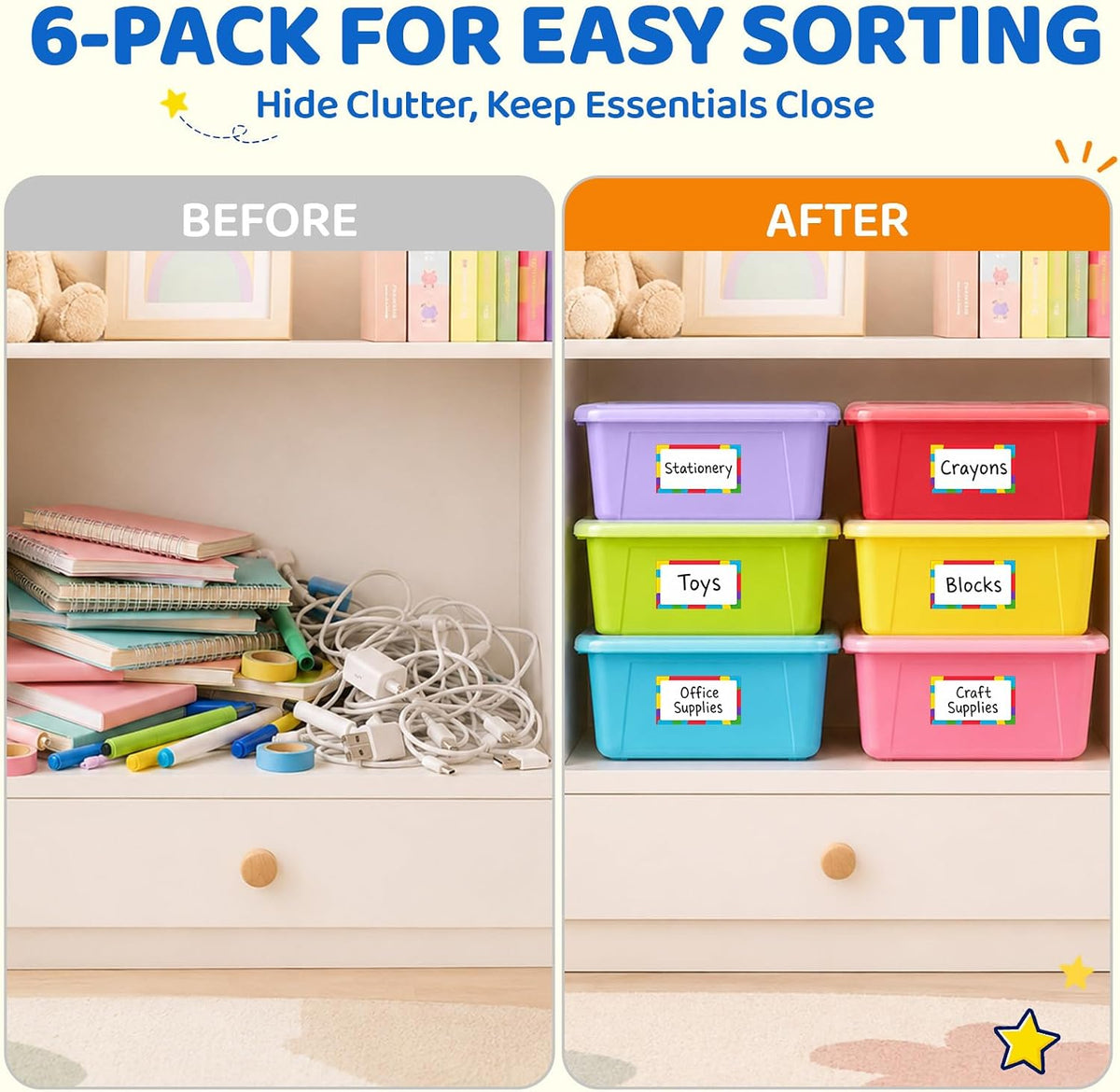 6 Quart Stackable Plastic Storage Bins with Lids, 6 Pack, Colorful