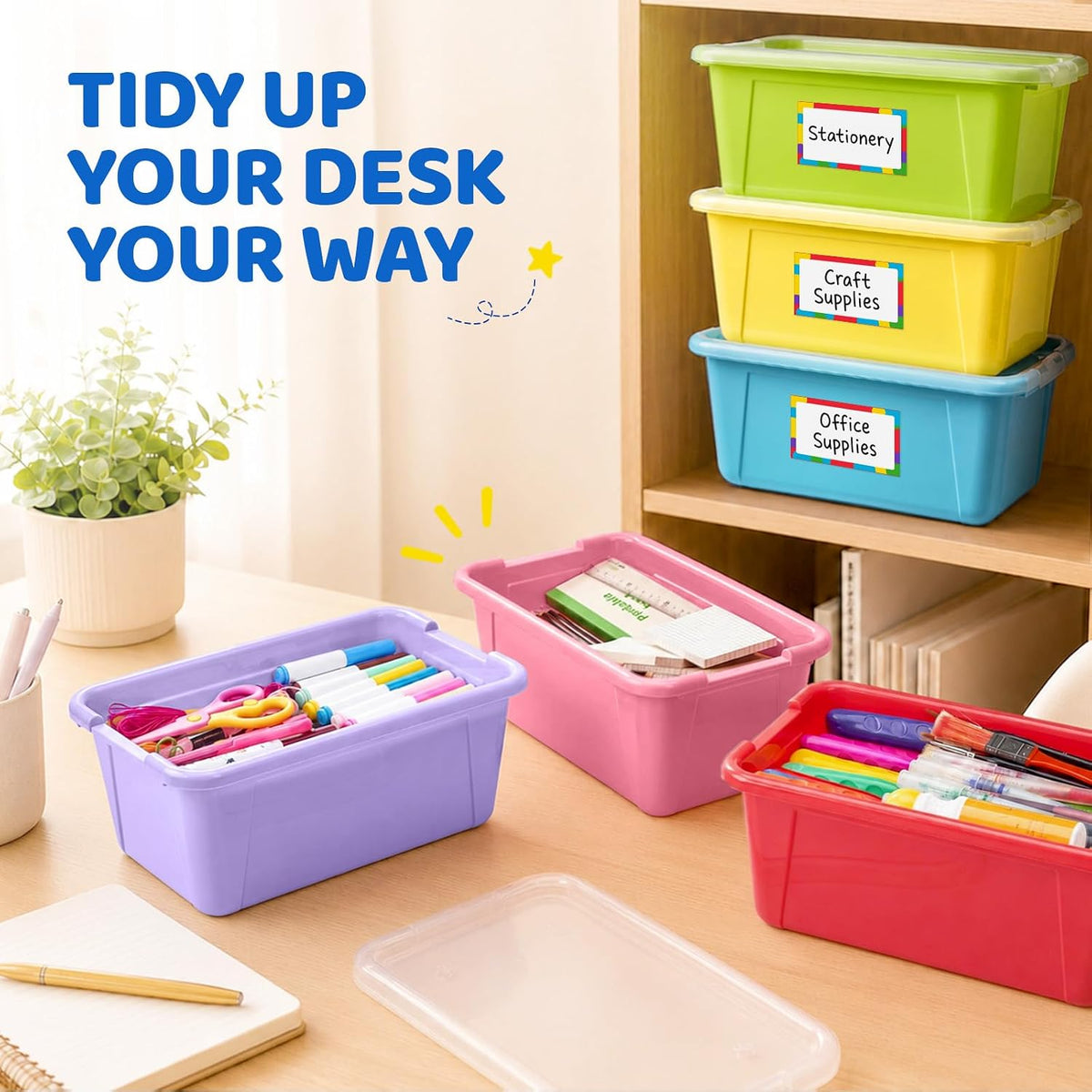 6 Quart Stackable Plastic Storage Bins with Lids, 6 Pack, Colorful