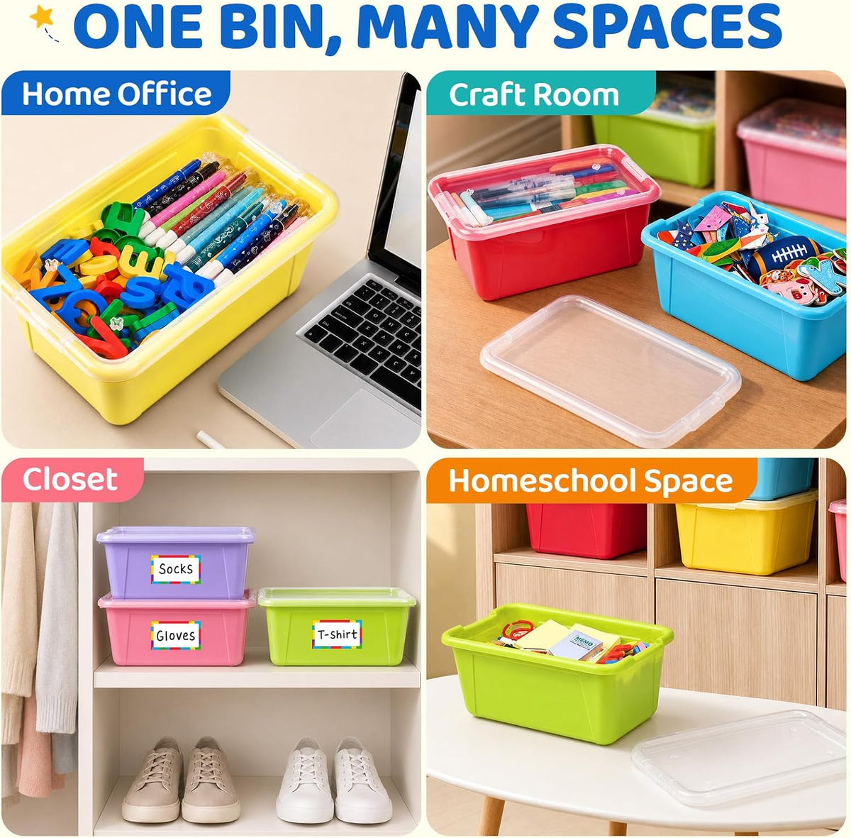 6 Quart Stackable Plastic Storage Bins with Lids, 6 Pack, Colorful