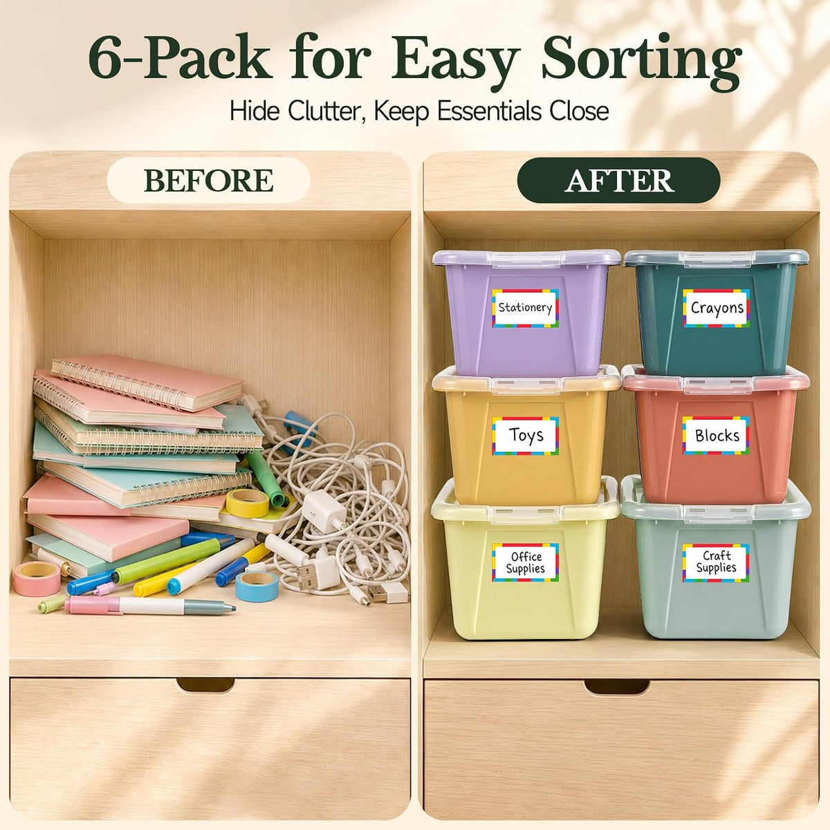 6 Quart Stackable Plastic Storage Bins with Lids, 6 Pack, Colorful