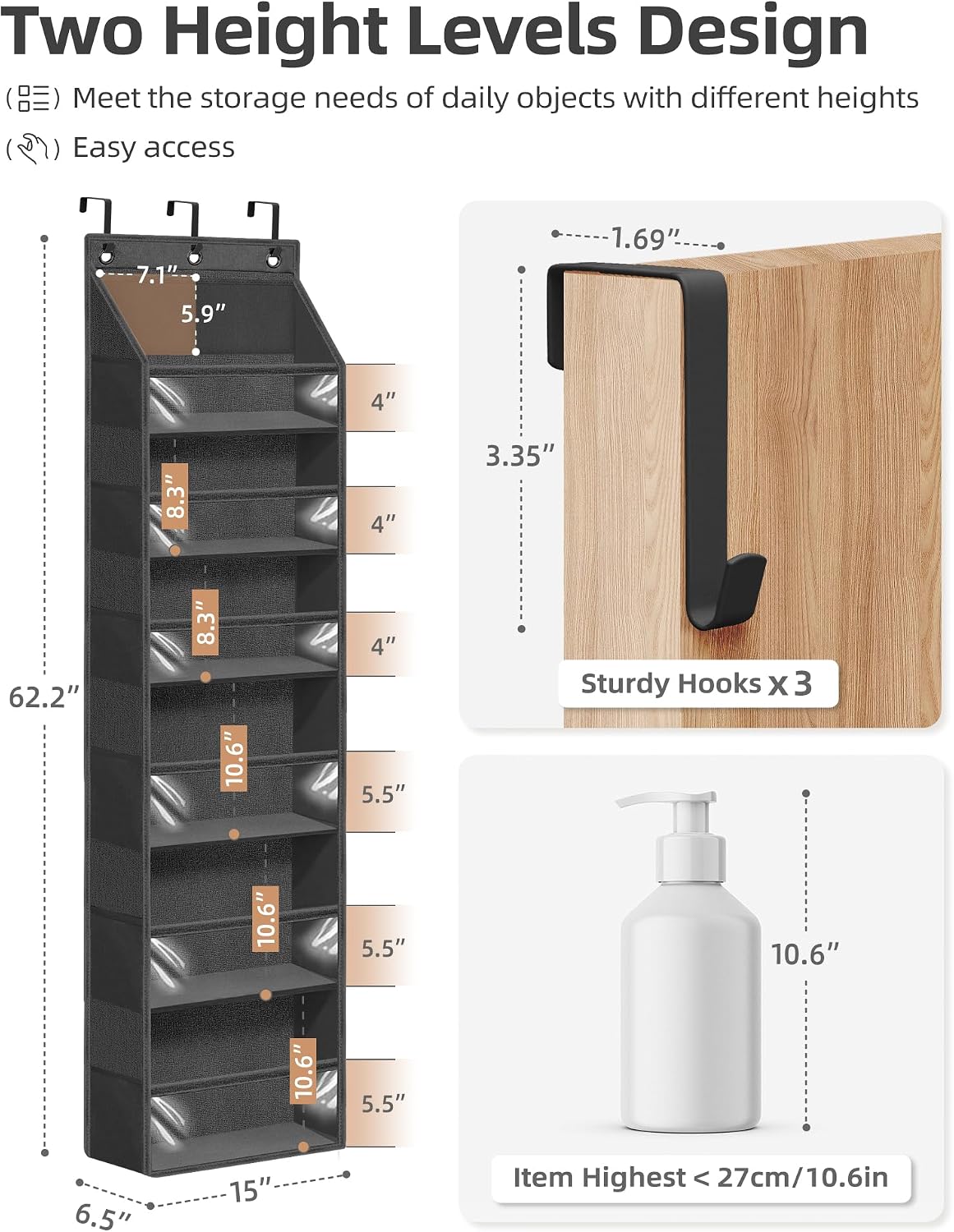 Over the Door Organizer 6-Shelf Closet Hanging Storage with 14 Mesh Pockets, 66lbs Capacity Clear Deep Pockets Behind Door Storage for Nursery, Bathroom, Bedroom, 1 Pack Oat Beige