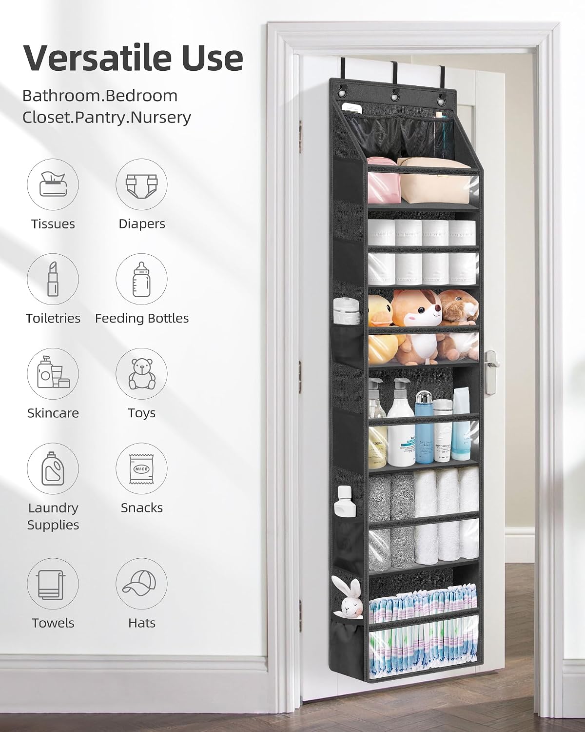 Over the Door Organizer 6-Shelf Closet Hanging Storage with 14 Mesh Pockets, 66lbs Capacity Clear Deep Pockets Behind Door Storage for Nursery, Bathroom, Bedroom, 1 Pack Oat Beige