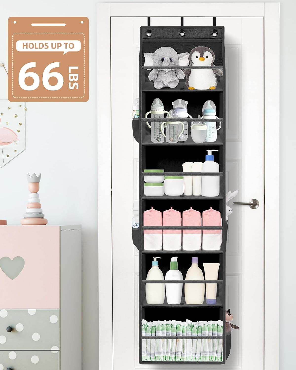 Over the Door Organizer 6-Shelf Closet Hanging Storage with 14 Mesh Pockets, 66lbs Capacity Clear Deep Pockets Behind Door Storage for Nursery, Bathroom, Bedroom, 1 Pack Oat Beige