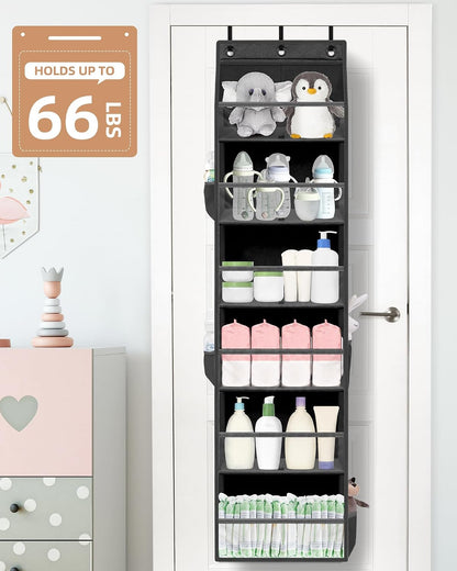 Over the Door Organizer 6-Shelf Closet Hanging Storage with 14 Mesh Pockets, 66lbs Capacity Clear Deep Pockets Behind Door Storage for Nursery, Bathroom, Bedroom, 1 Pack Oat Beige