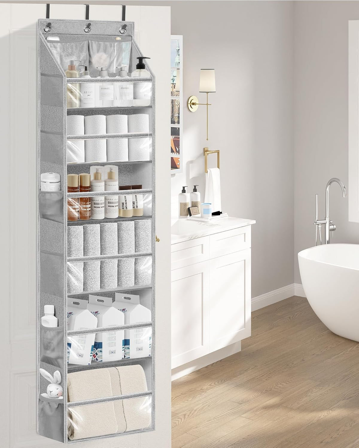 Over the Door Organizer 6-Shelf Closet Hanging Storage with 14 Mesh Pockets, 66lbs Capacity Clear Deep Pockets Behind Door Storage for Nursery, Bathroom, Bedroom, 1 Pack Oat Beige