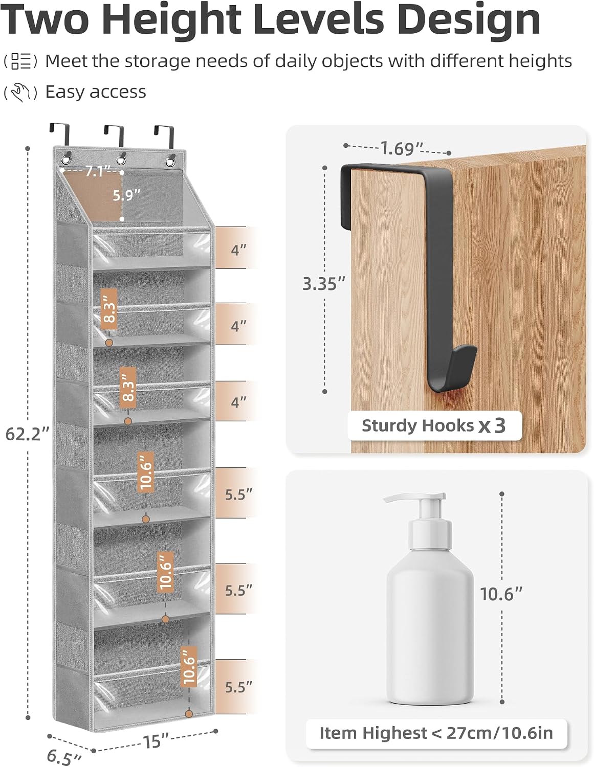 Over the Door Organizer 6-Shelf Closet Hanging Storage with 14 Mesh Pockets, 66lbs Capacity Clear Deep Pockets Behind Door Storage for Nursery, Bathroom, Bedroom, 1 Pack Oat Beige