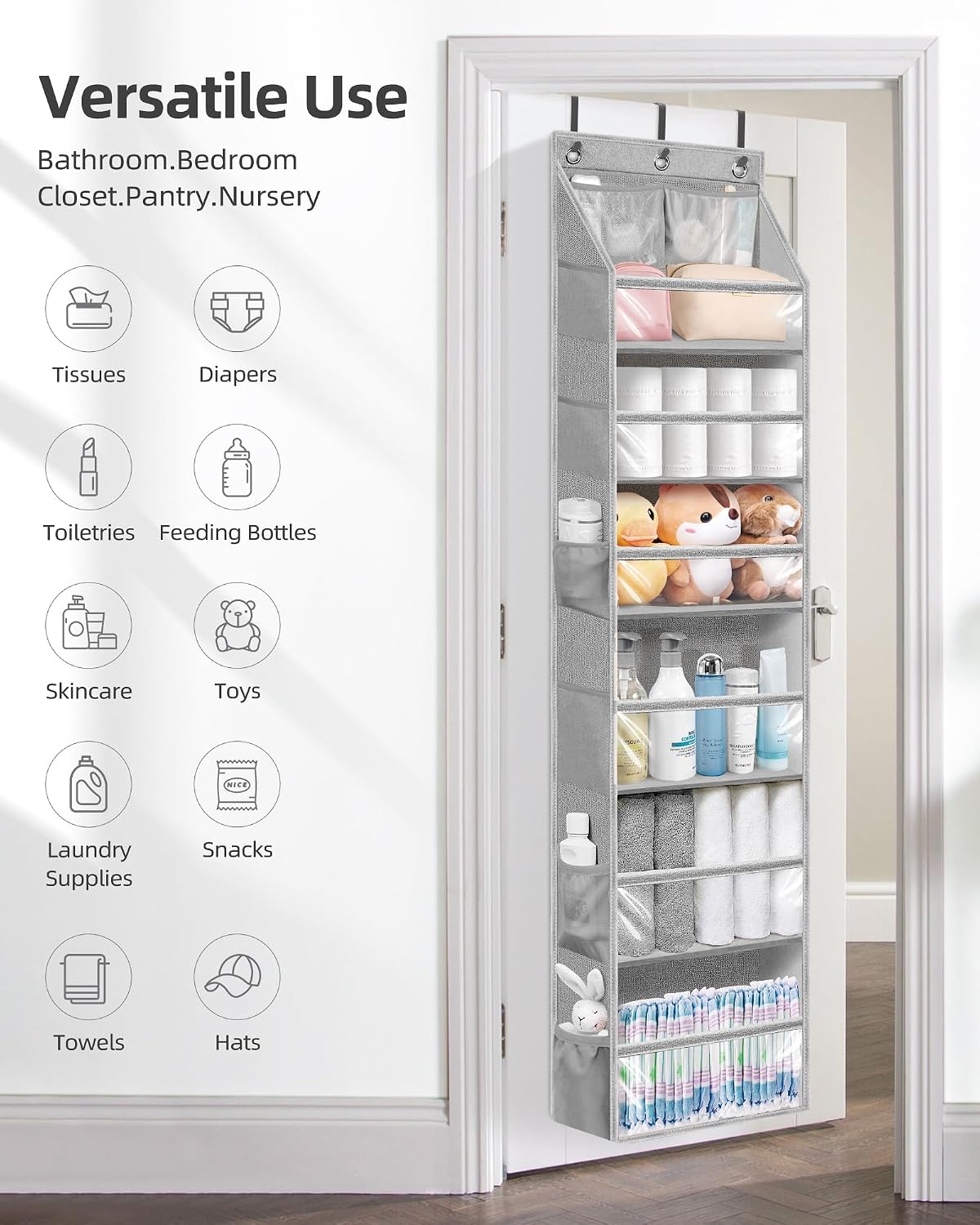 Over the Door Organizer 6-Shelf Closet Hanging Storage with 14 Mesh Pockets, 66lbs Capacity Clear Deep Pockets Behind Door Storage for Nursery, Bathroom, Bedroom, 1 Pack Oat Beige