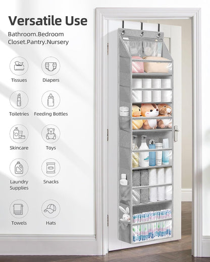 Over the Door Organizer 6-Shelf Closet Hanging Storage with 14 Mesh Pockets, 66lbs Capacity Clear Deep Pockets Behind Door Storage for Nursery, Bathroom, Bedroom, 1 Pack Oat Beige